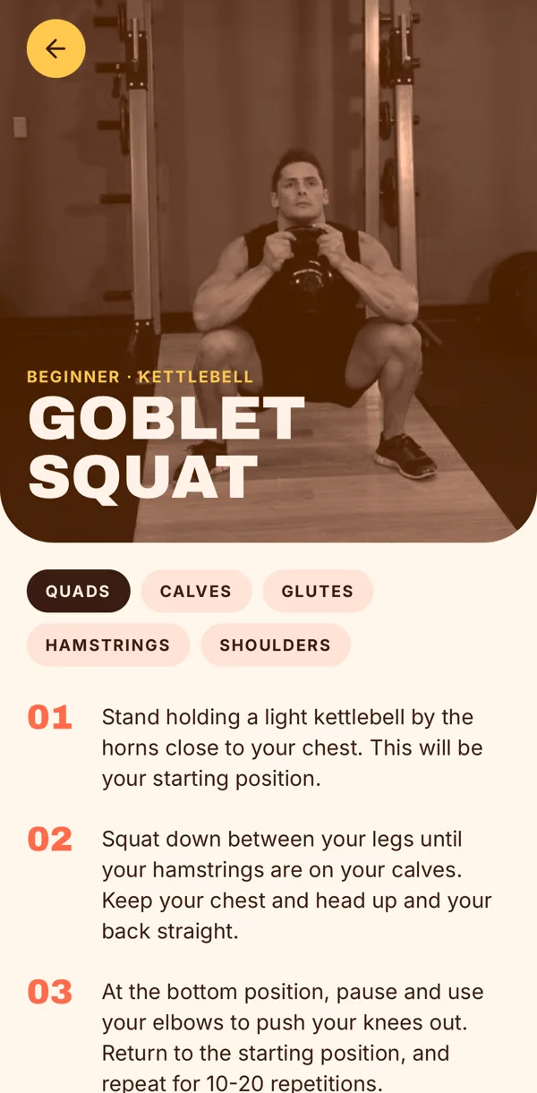 An exercise page showing the goblet squat