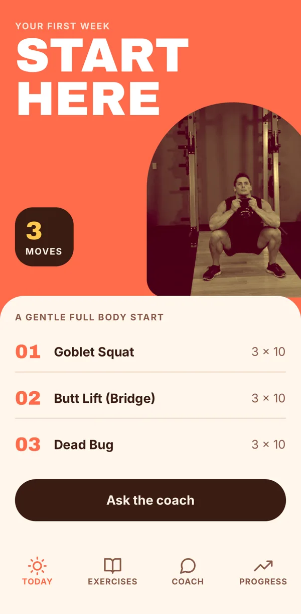 Barva's Today screen with a gentle full body workout