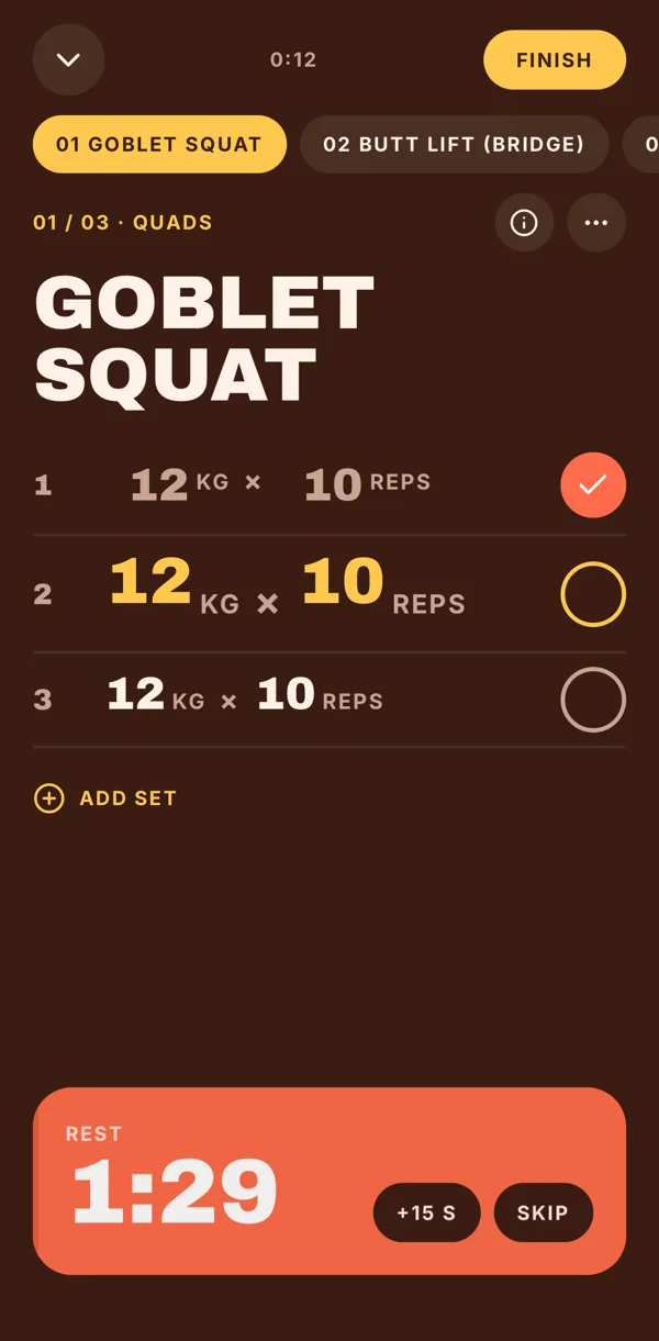 A workout in progress with the rest timer